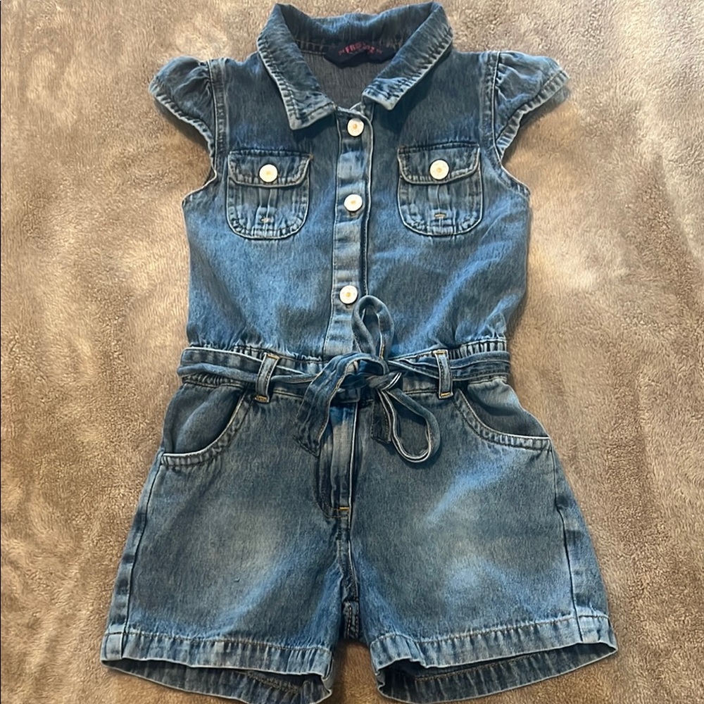 Blue Denim Romper with Tie Waist and Collar